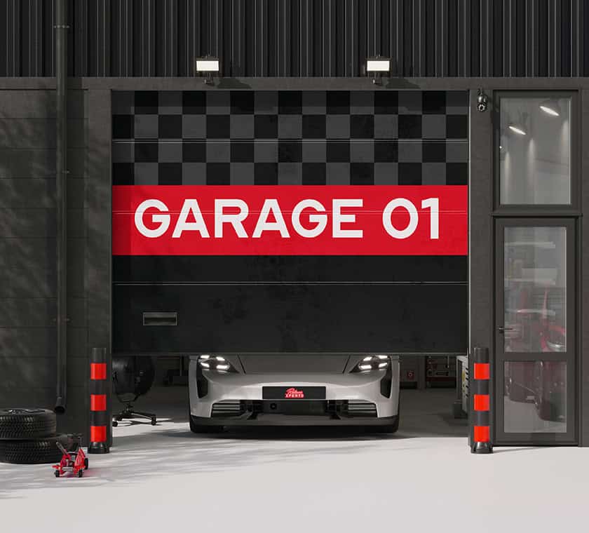 Design graphique sur porte de garage commerciale